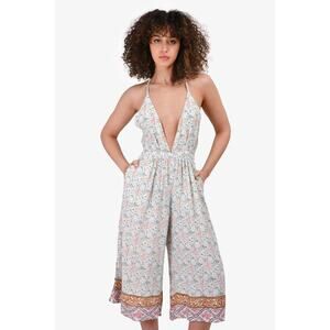 Faithfull The Brand Floral Print Crop Jumpsuit White Blue Size S Plunge Neck Tie